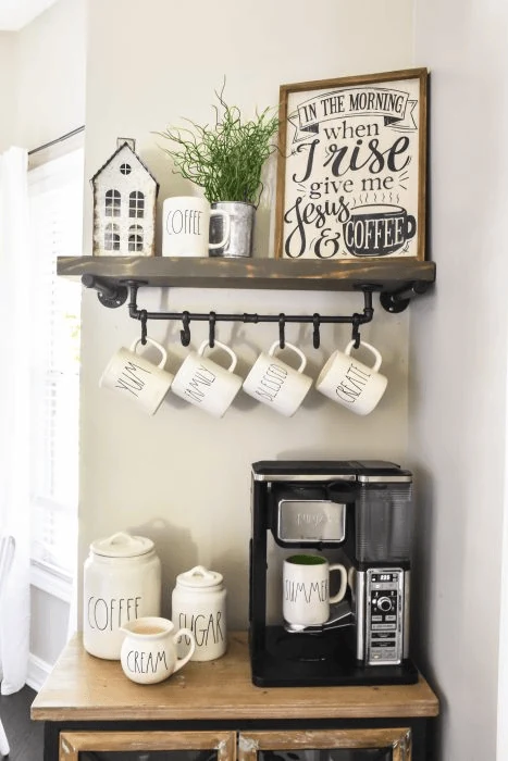 hang the mugs instead of stacking them coffee bar ideas