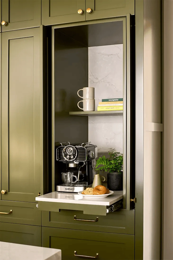 hide the machine behind doors when the kitchen needs to look clean coffee bar ideas