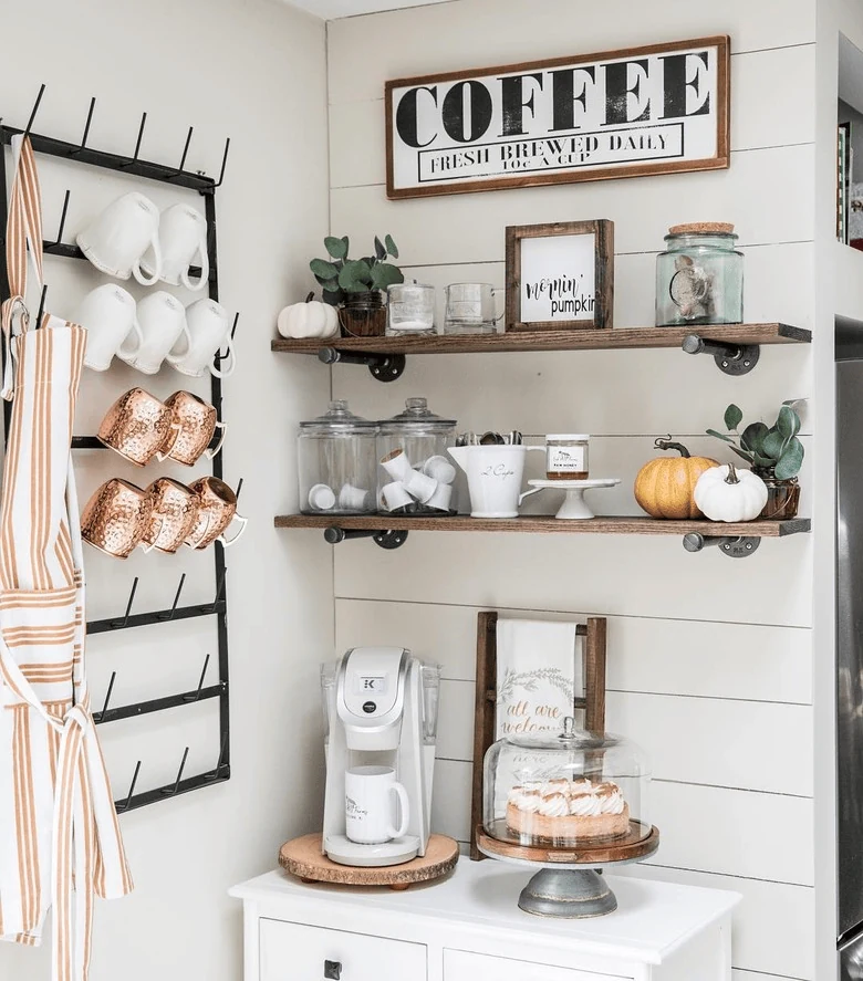make farmhouse style feel collected not clich coffee bar ideas
