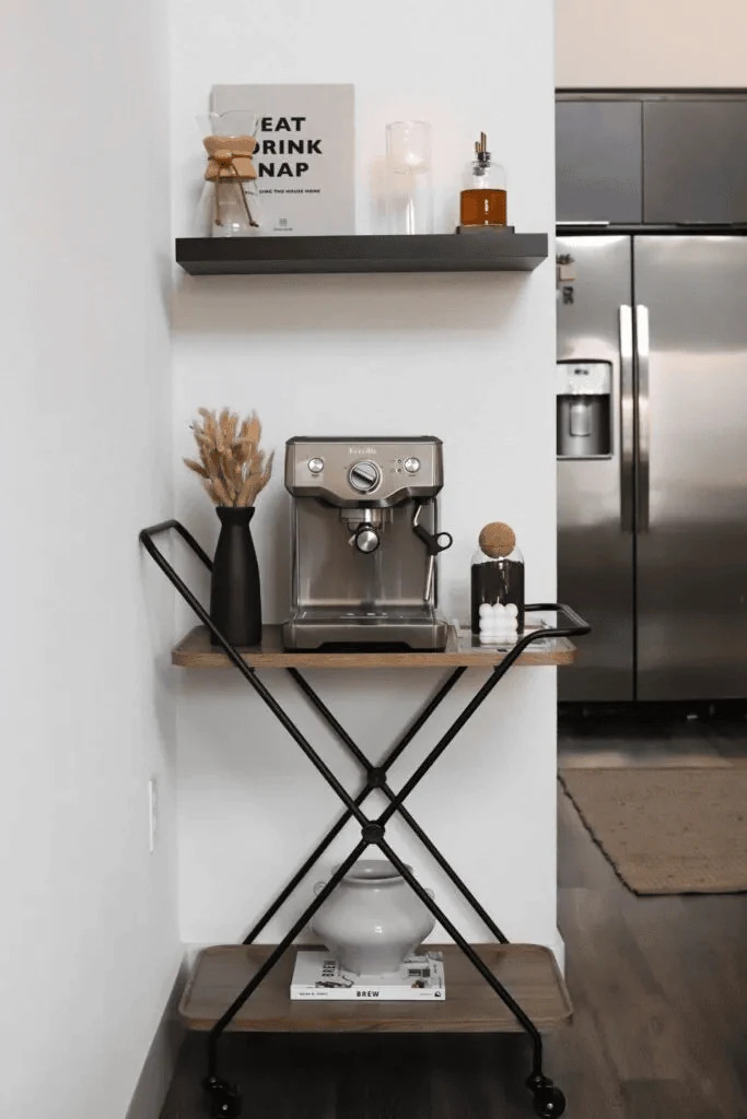 roll in a cart when the space has to stay flexible coffee bar ideas