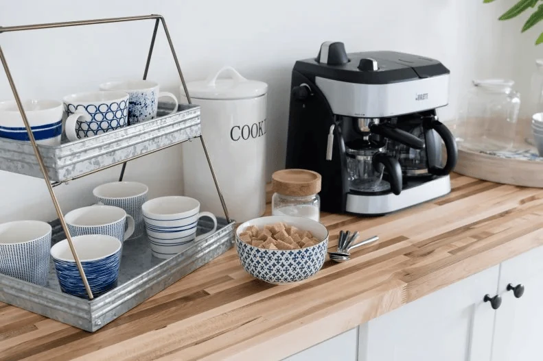 use a tray to make a normal counter look styled coffee bar ideas