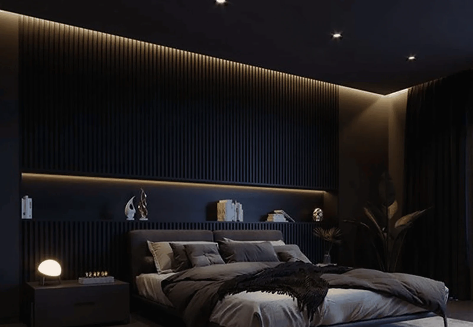 dark bedroom lighting with concealed led strips behind a slatted wall