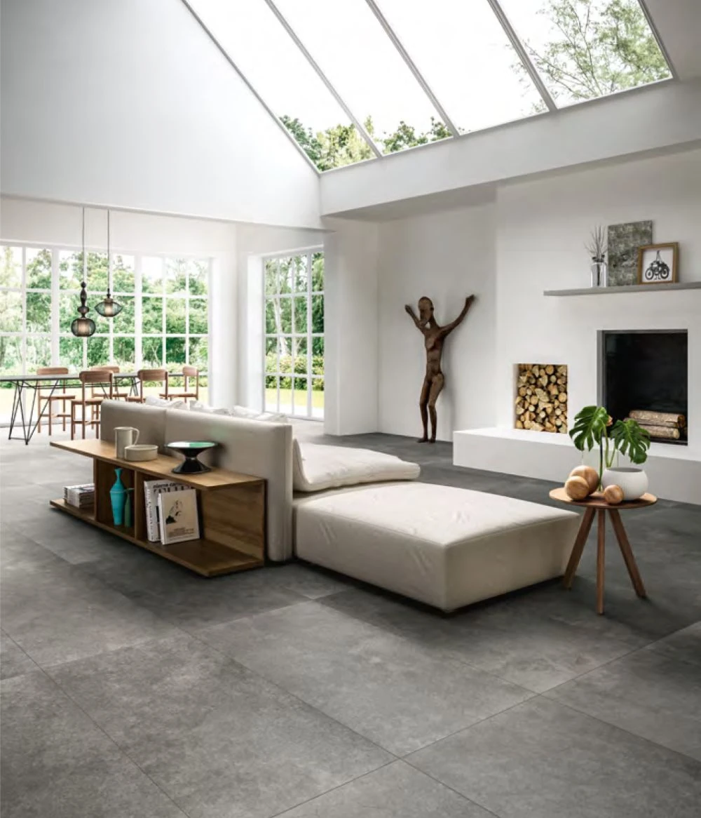 concrete effect flooring tiles in a clean contemporary living room