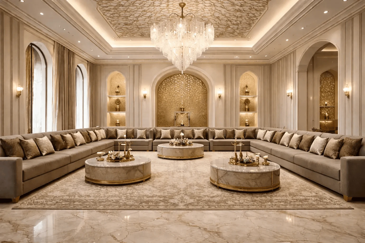 contemporary Arabic interior design with a modern majlis and brass mashrabiya screens