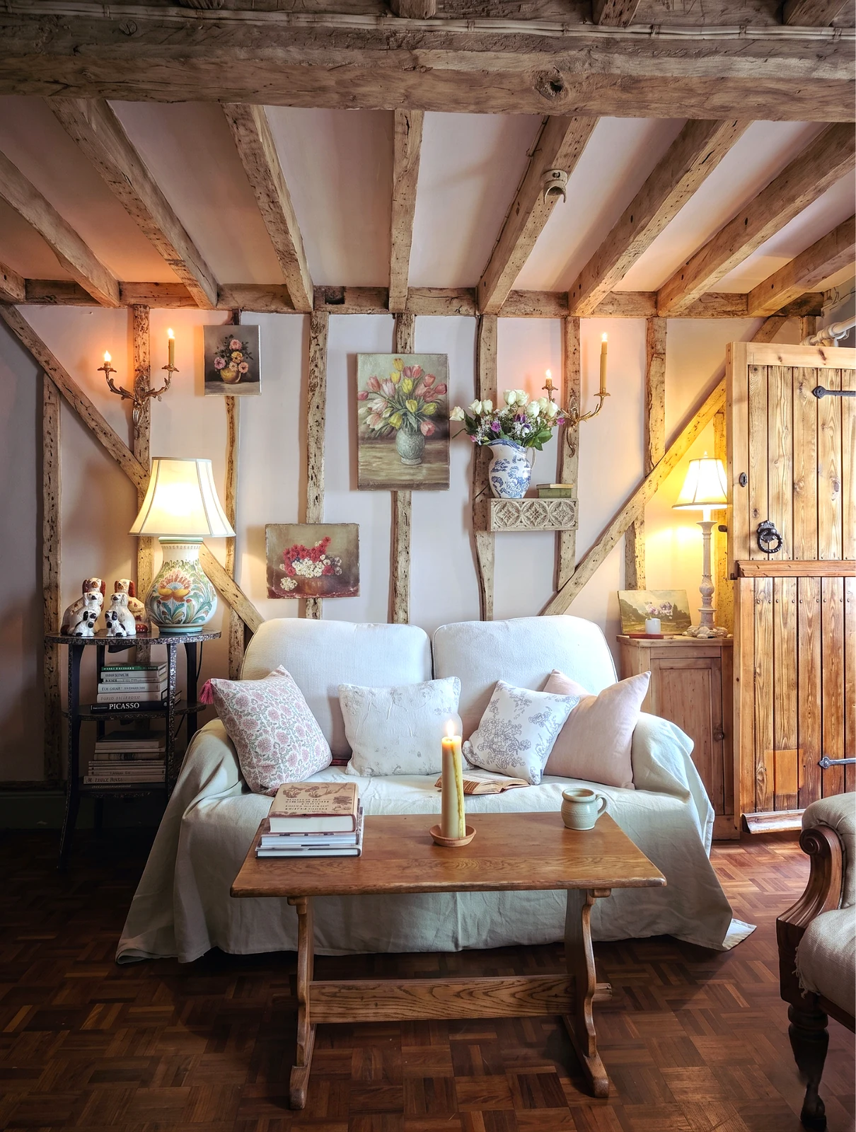 use warm lamps instead of one flat ceiling light cottagecore style