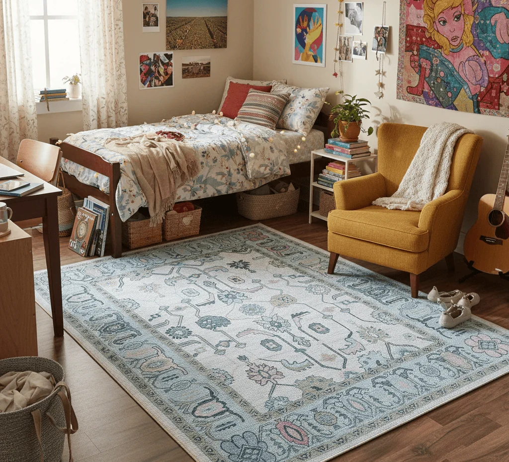 cozy dorm room ideas with a soft rug beside the bed for warmth