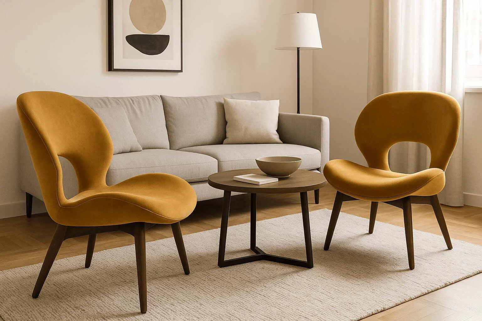 Designer chair interior design regrets in a neutral living room with mustard seats.