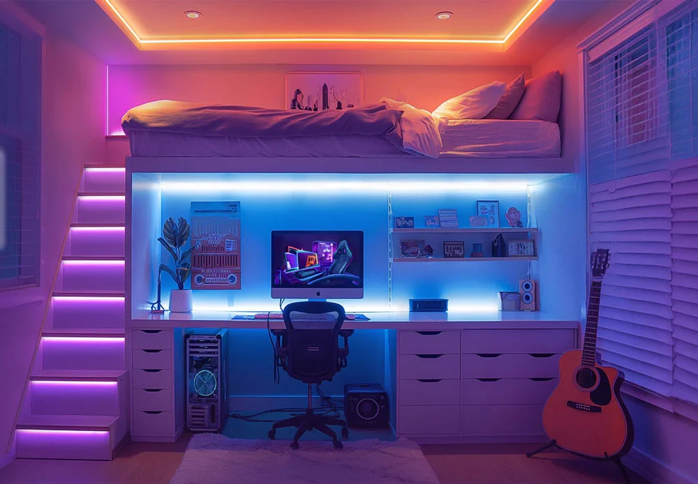 dorm room ambient lighting with warm led strips above the bed