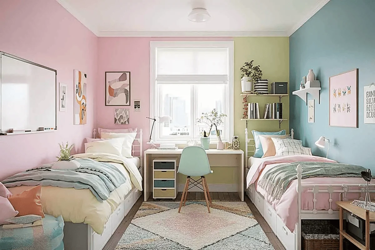 dorm room ideas using a coordinated pastel colour palette