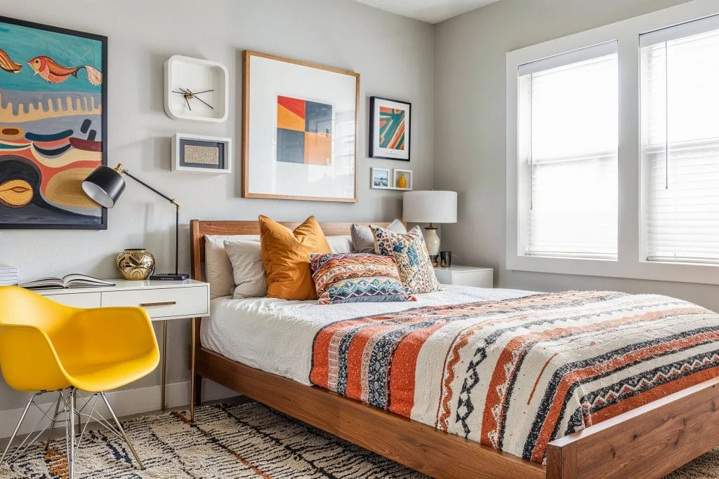 how to decorate dorm room walls with grouped artwork and photos