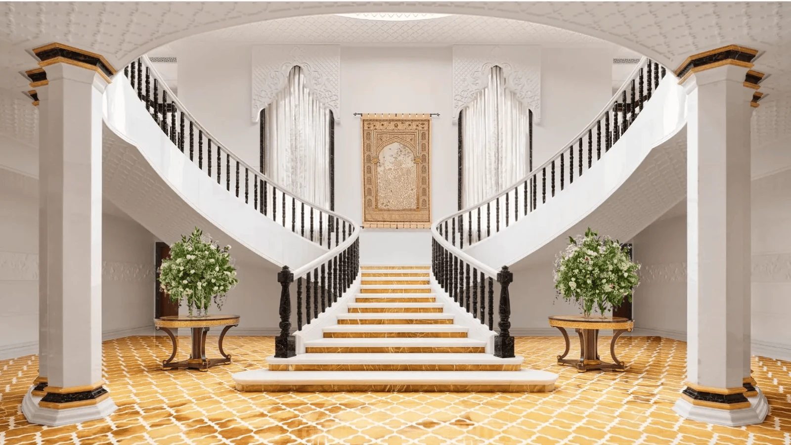 double height staircase gallery wall with a large statement feature