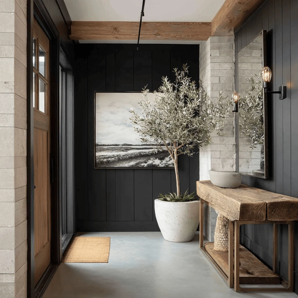 foyer decorating ideas with a drop zone tray for keys and sunglasses