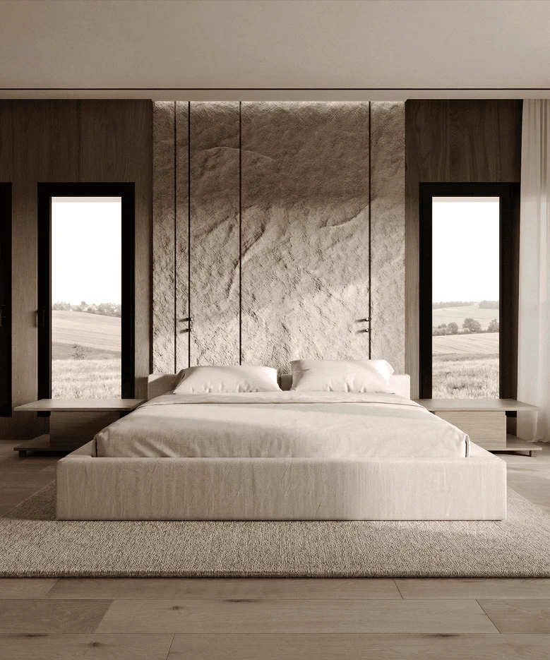 Earthy and Stone Textured Minimalist Bedroom Design Idea