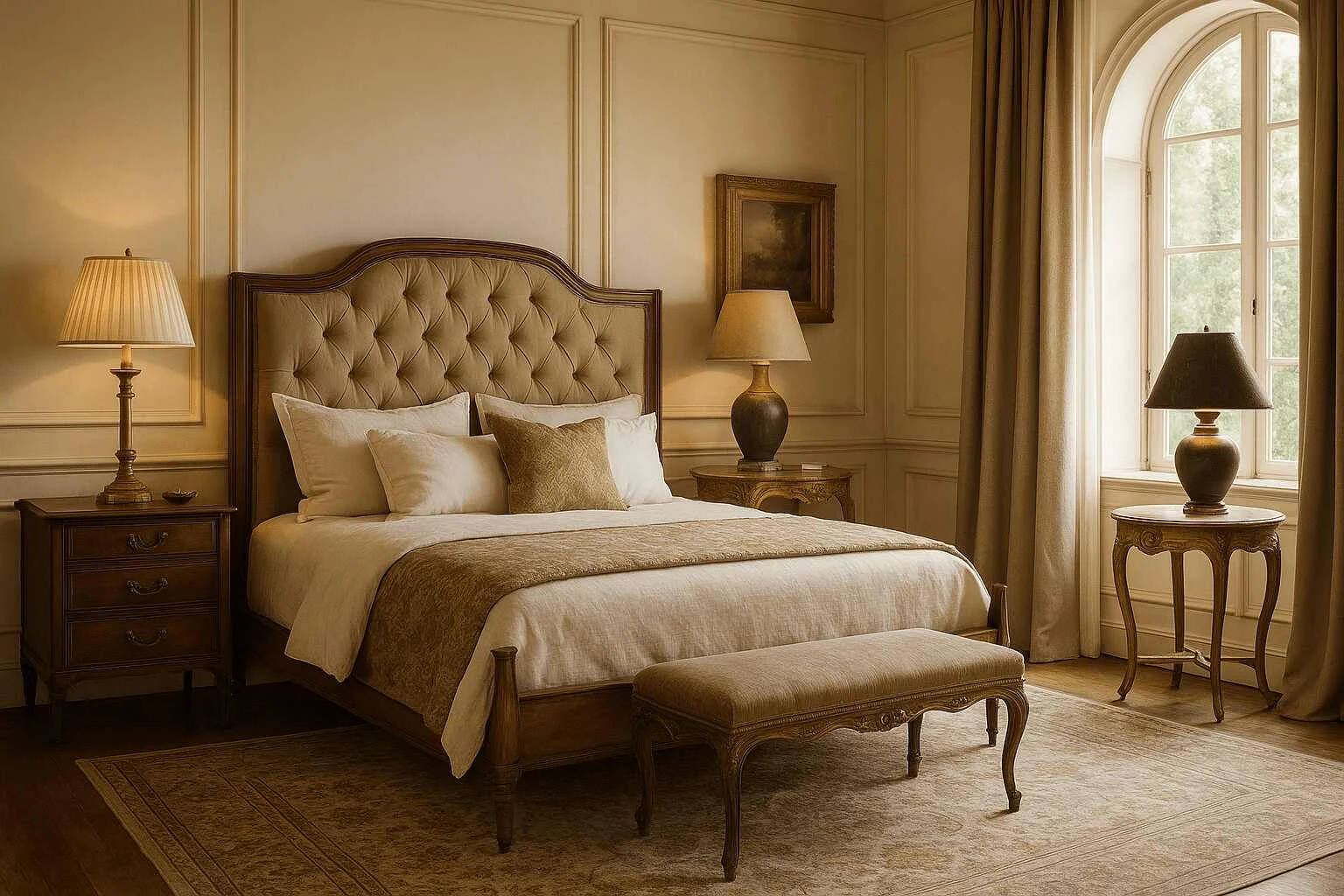 Eclectic interior design regrets bedroom with beige tones and vintage brass lamps.