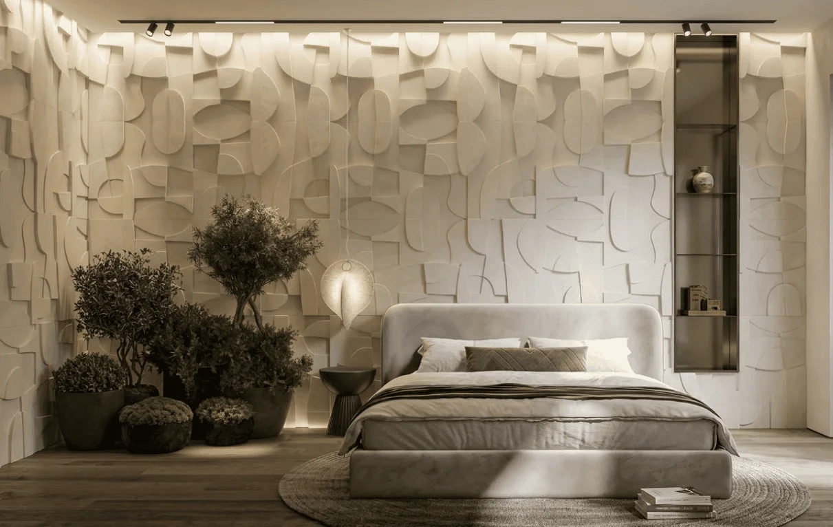 Elegant bedroom design in modern style with a biophilic corner