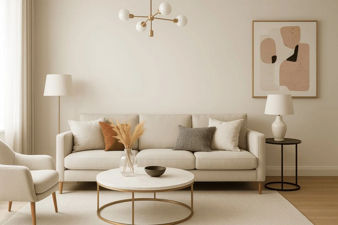 Elegant living room with classic furniture, neutral tones interior design.