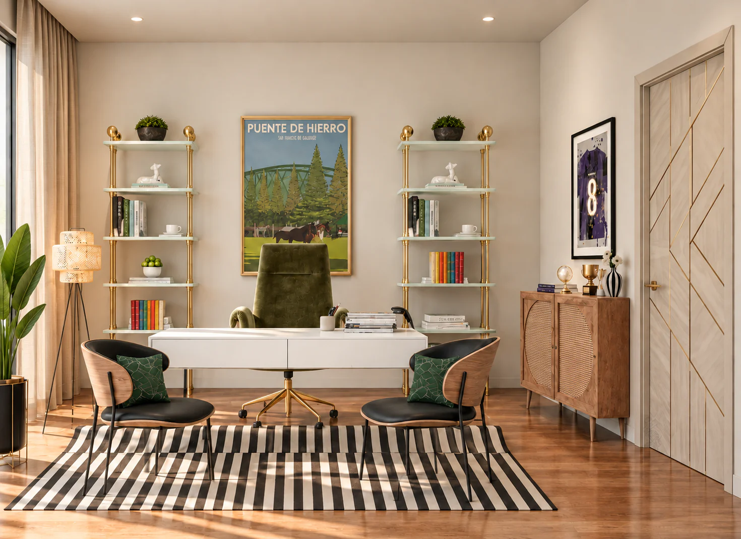 Empress Office Suite with white curved desk between twin gold etagere shelves, framed poster art centred, green upholstered task chair, black accent chairs on striped black and white rug and warm oak flooring in Al Jaddaf Dubai