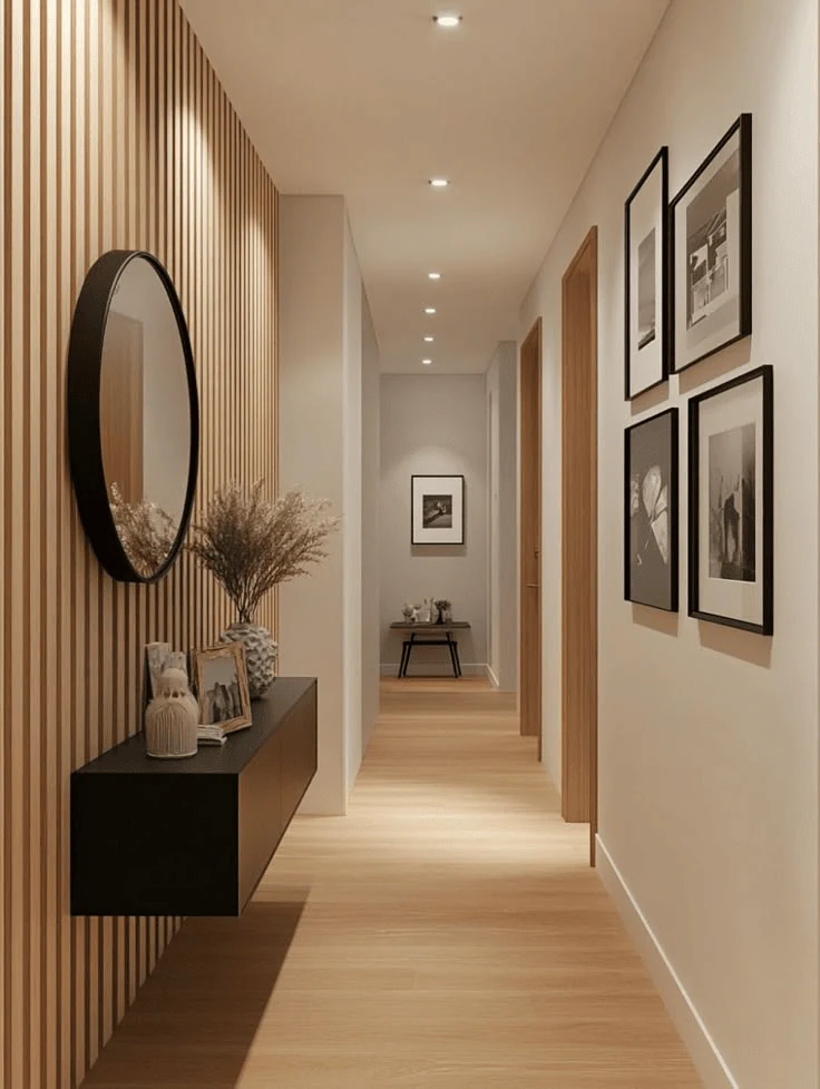 floating console with a round mirror in a hallway gallery wall