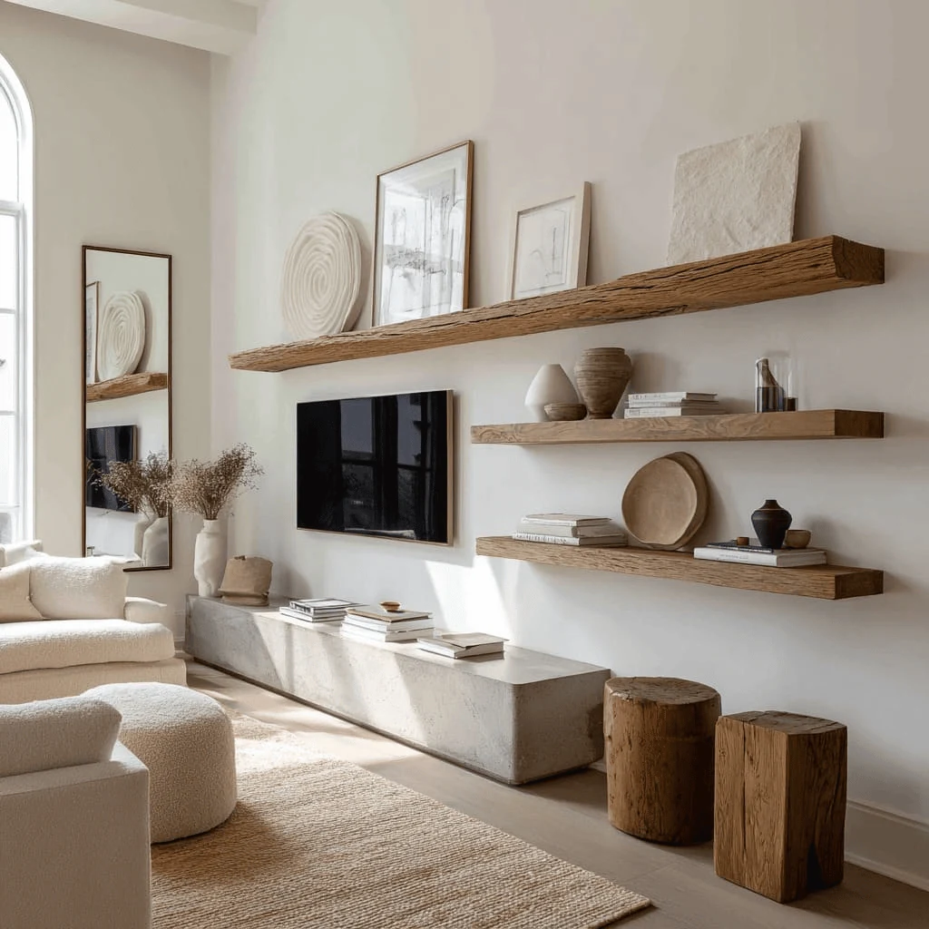 floating shelves holding leaning frames above a media console