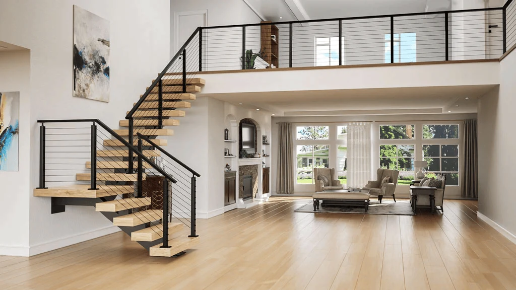 floating staircase with a barely there slim stair railing