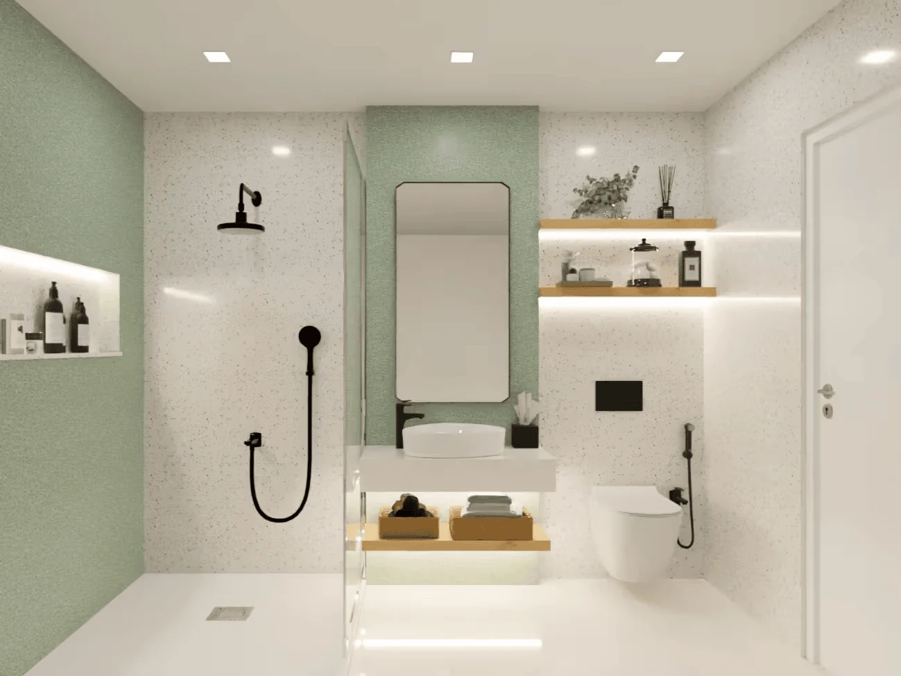 bathroom remodel ideas using a floating vanity to expose the floor tiling