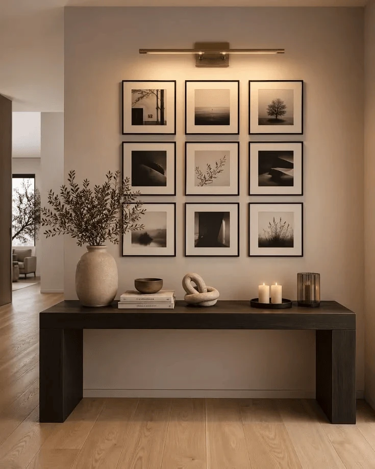 floor to ceiling hallway gallery wall with small minimalist frames