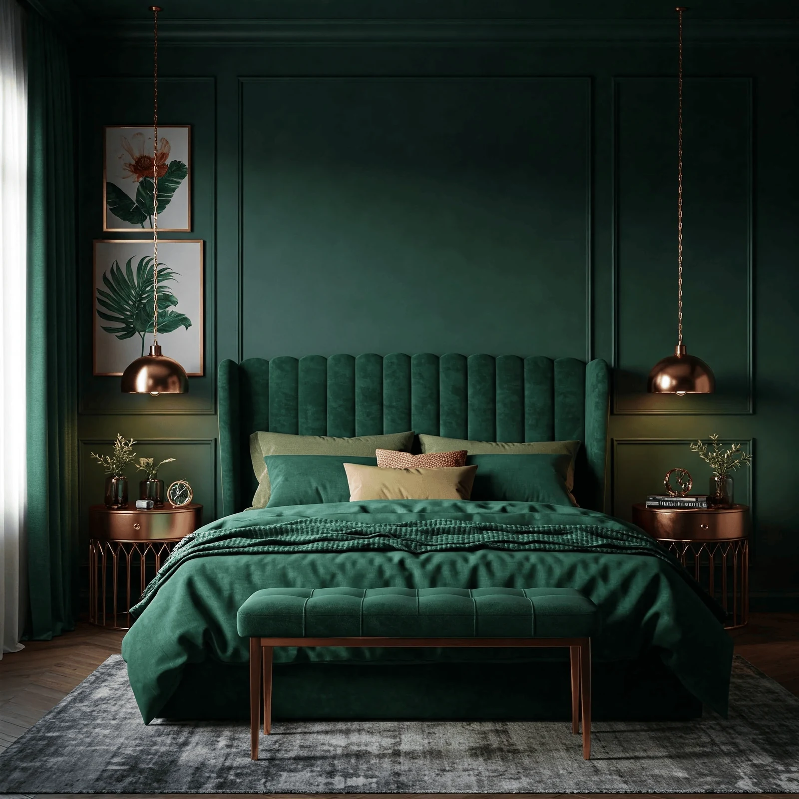 forest green dark bedroom with jute flooring and brass hardware