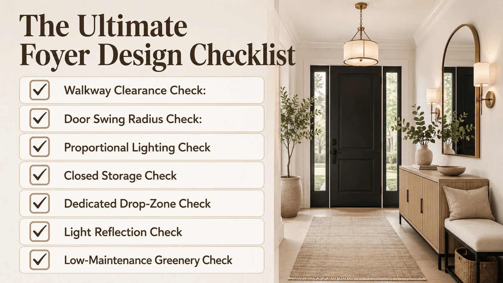 foyer design checklist covering clearance lighting storage and greenery