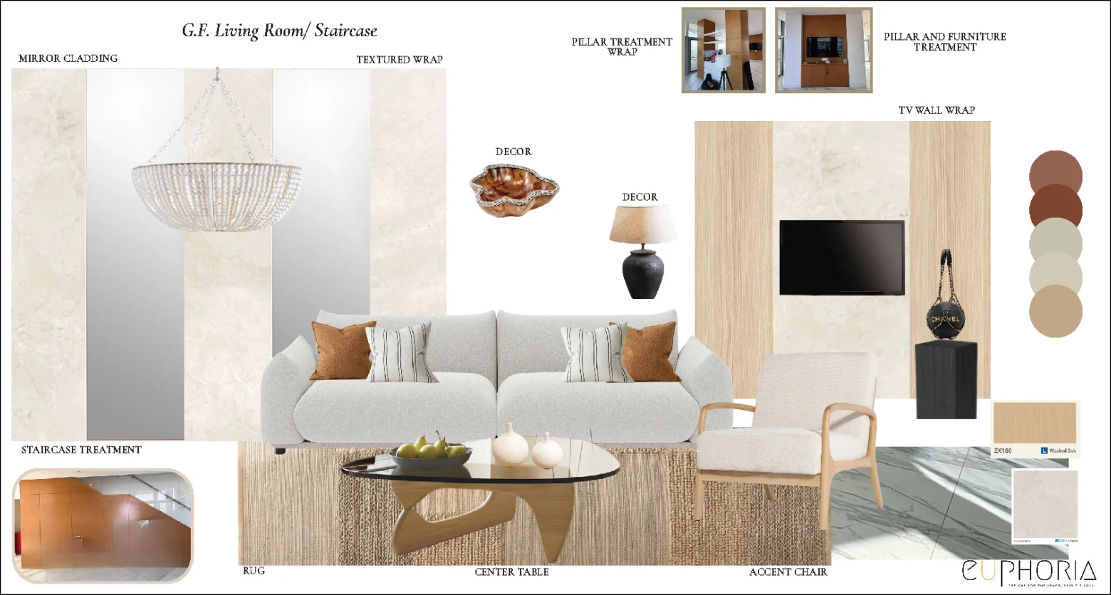 moodboard for a living room and staircase with materials and furniture