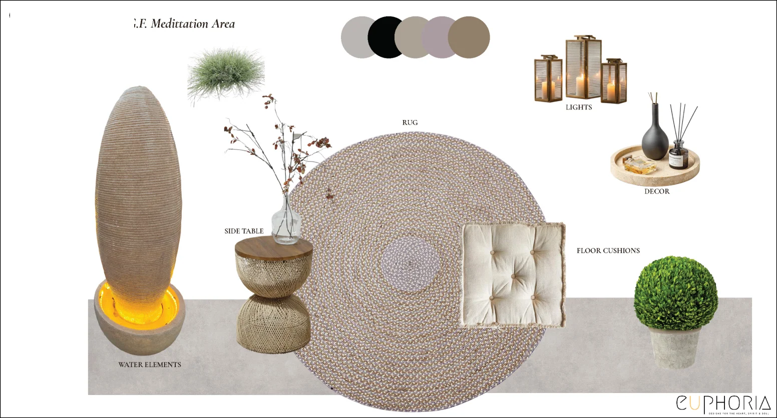 moodboard for a multipurpose area with a rug lighting and decor pieces