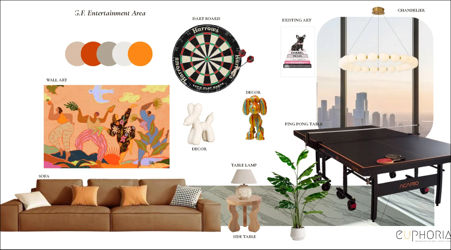 moodboard for an entertainment area with a games table and a dartboard