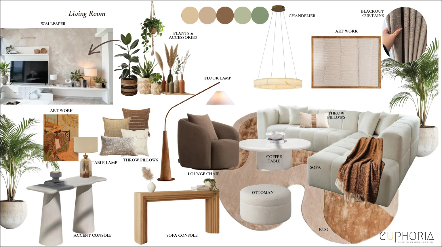 moodboard for a living room with furniture lighting and finishes