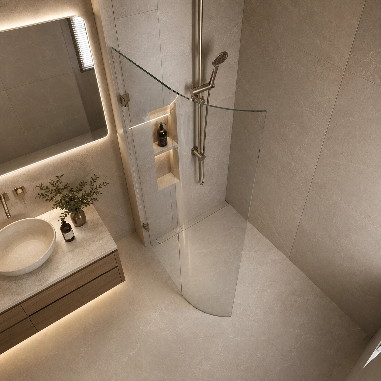 bathroom remodel ideas with a frameless curved glass shower screen and level entry wet room floor