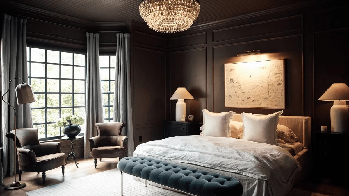 dark bedroom with a frosted glass chandelier scattering even ambient light