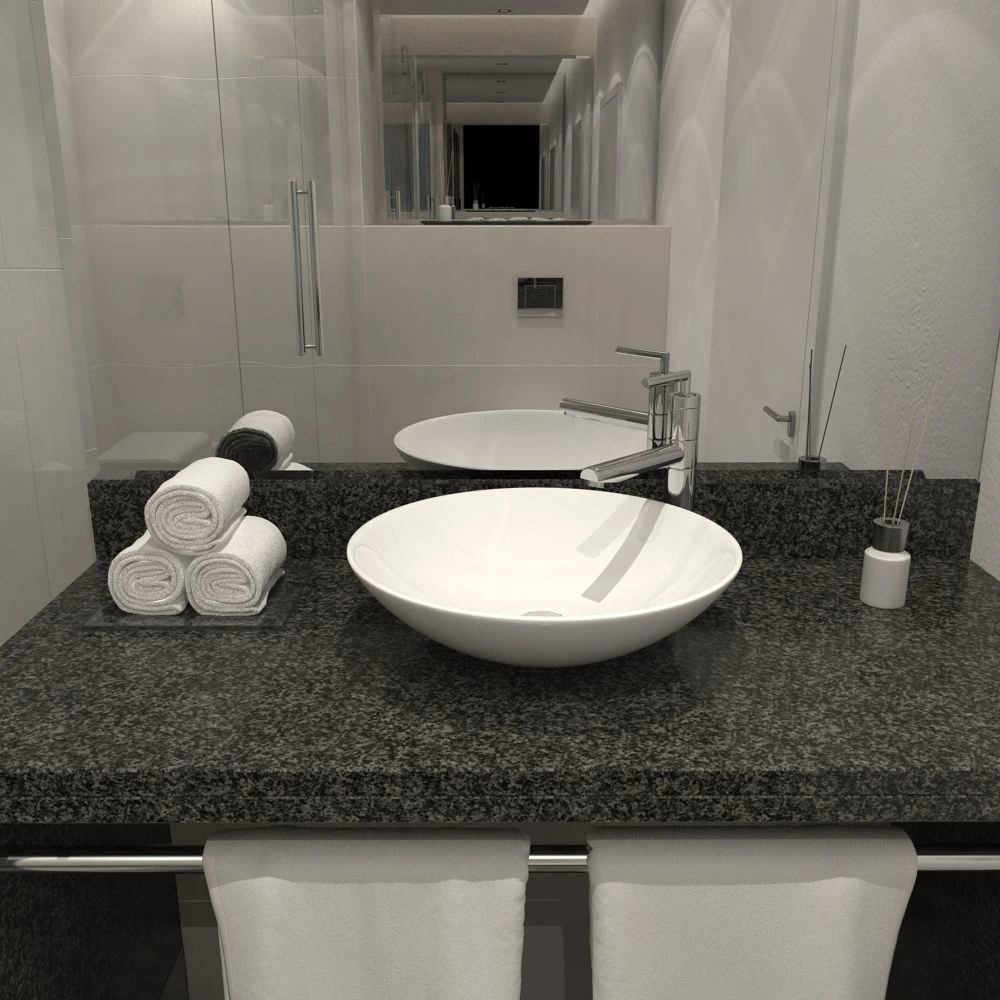 small bathroom remodel ideas with a wide mirror above a stone vanity and vessel basin