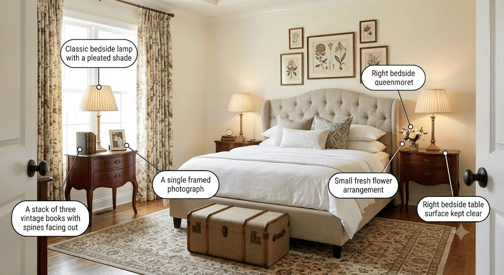 grandmillennial bedroom styling with a classic bedside lamp and framed photo