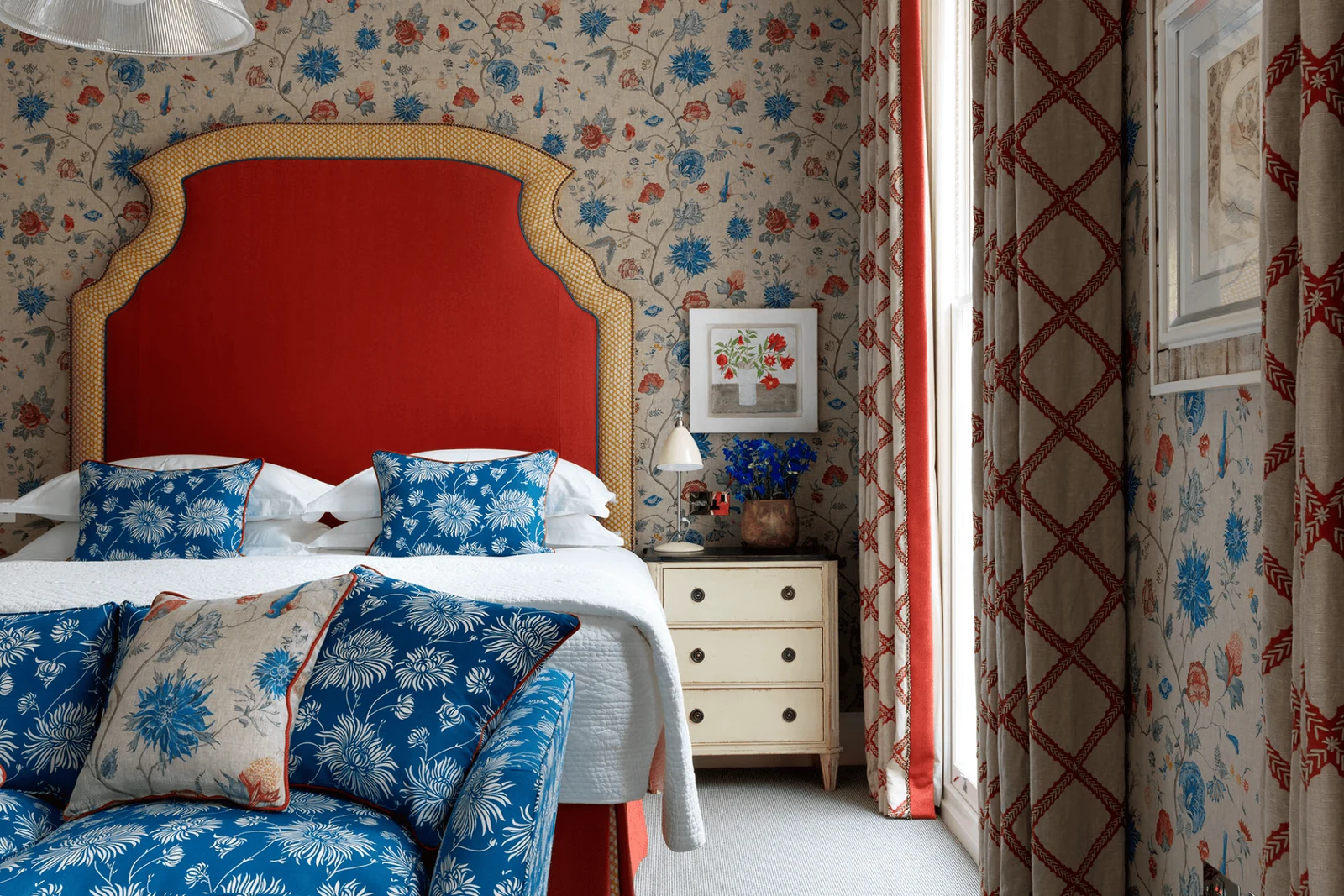 grandmillennial bedroom with tightly woven printed upholstery