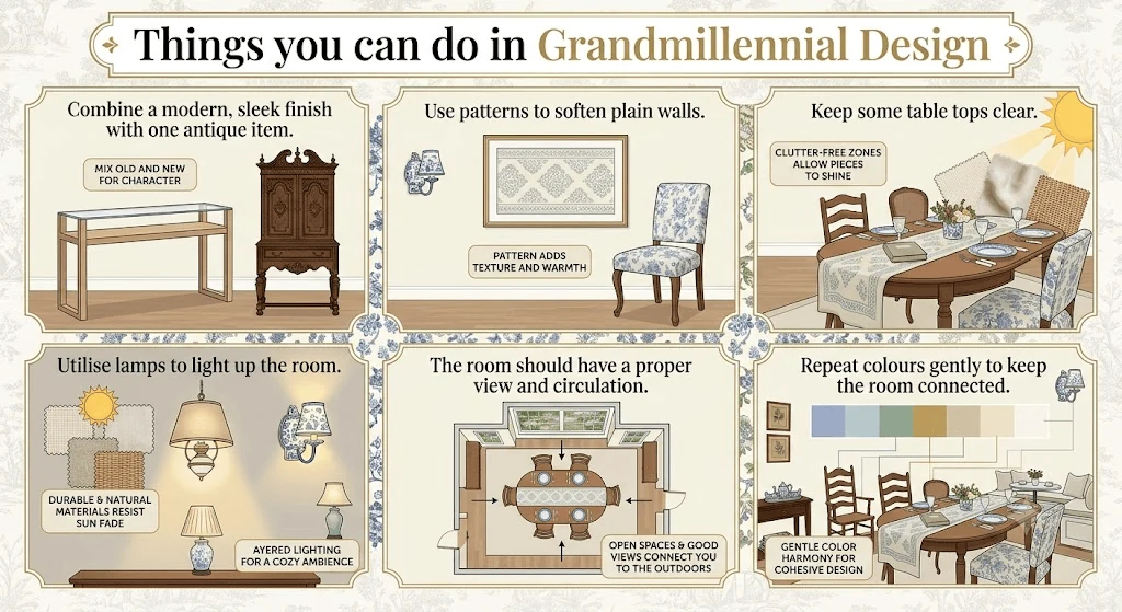 grandmillennial decor dos with a modern finish and one antique piece