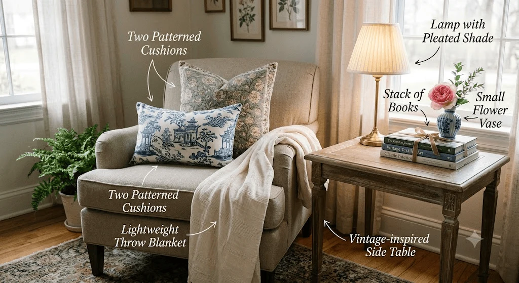 grandmillennial decor sofa corner with patterned cushions and a pleated lamp