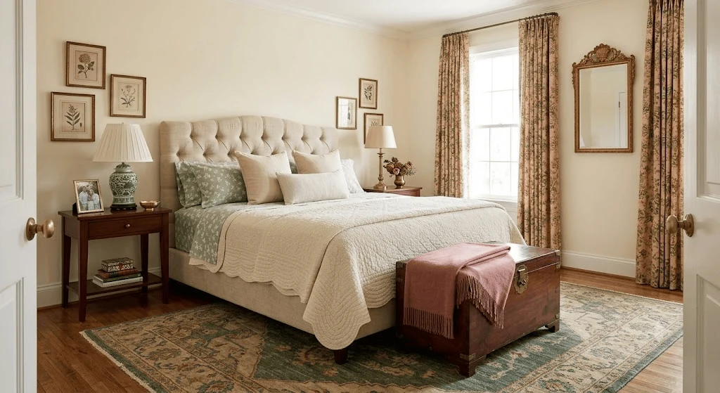 grandmillennial style bedroom with a classic headboard and layered bedding