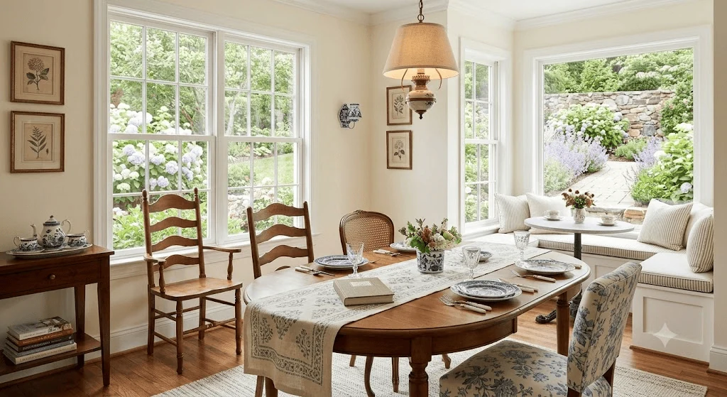 grandmillennial style breakfast nook with cane chairs and a garden view