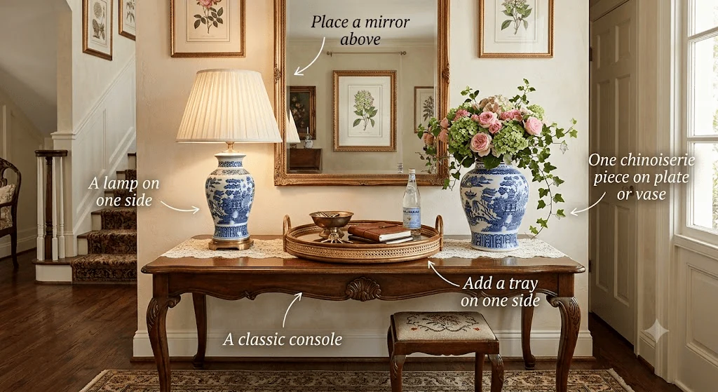 grandmillennial style entry foyer with a classic console and mirror