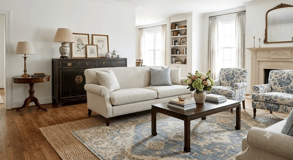 grandmillennial style living room with a neutral sofa and patterned accent chairs