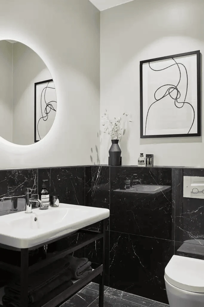 bathroom remodel ideas with a half tiled feature wall in a dark paint