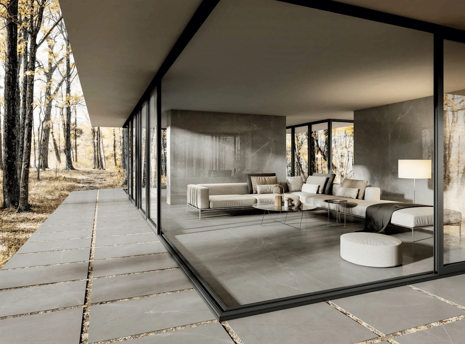 indoor outdoor flooring tiles connecting a living room to a terrace