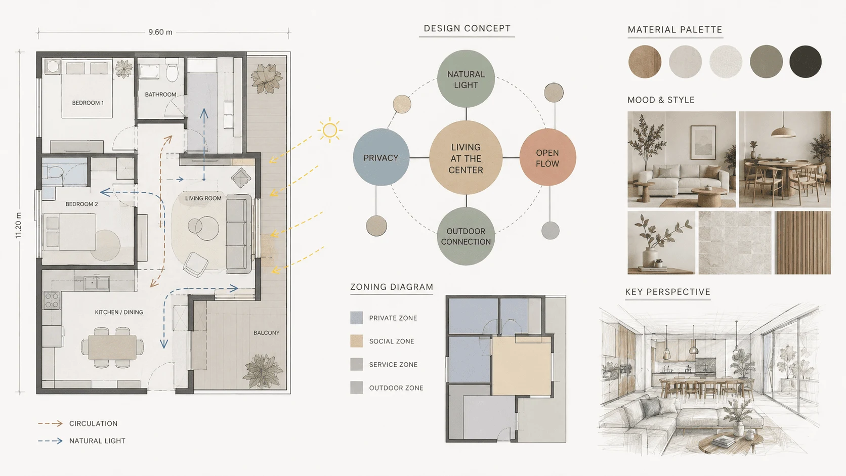 Interior design concept board with floor plan, zoning, material palette, and mood board.