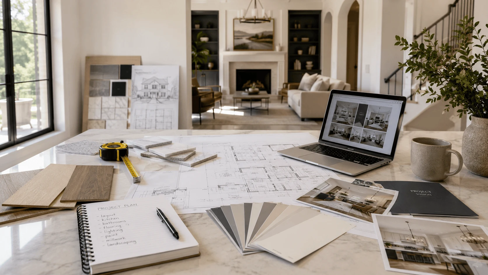 Interior design consultant with floor plans, color swatches, and samples.