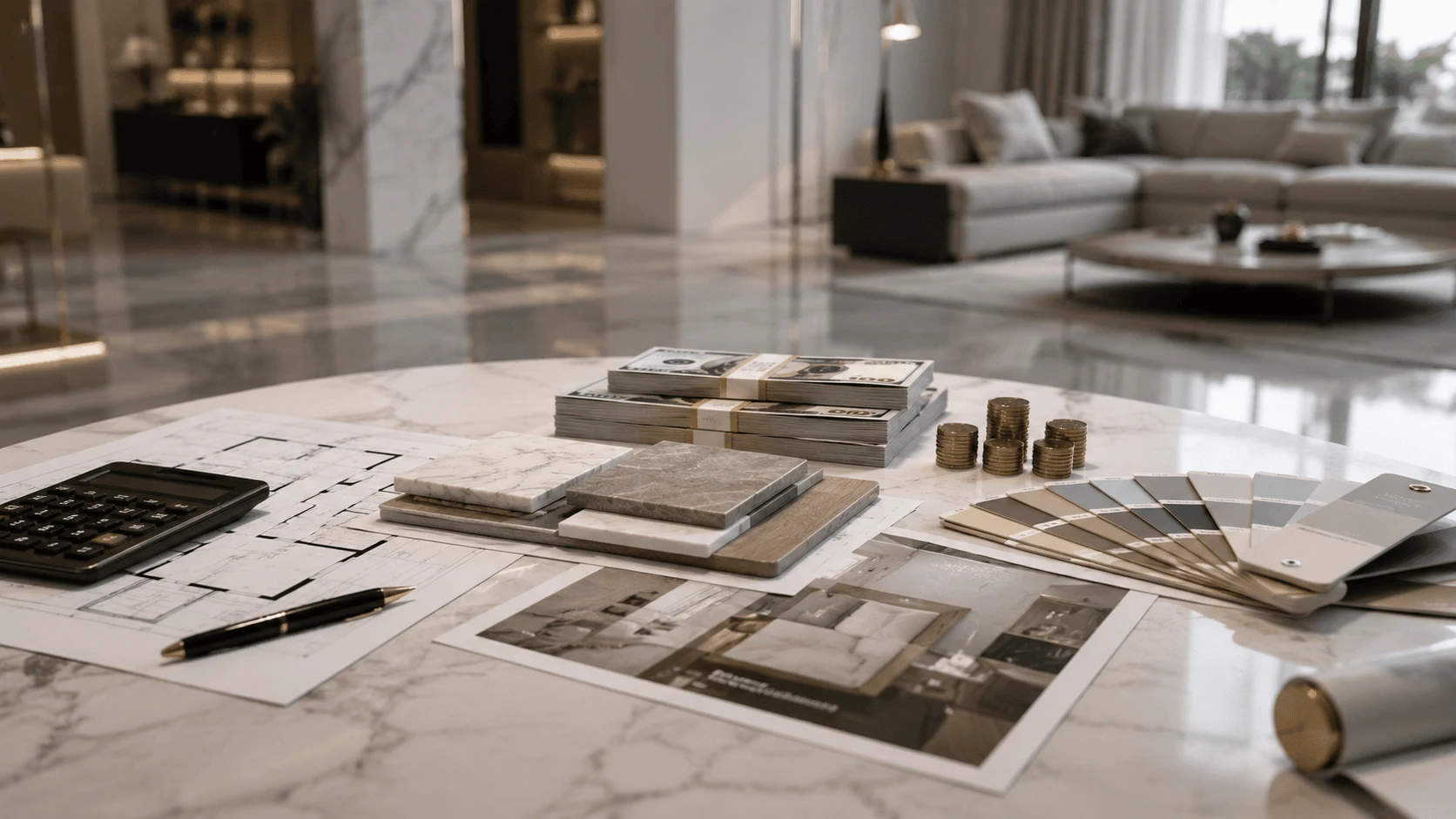 Interior design consultation with budget planning, material samples, and home renovation costs.