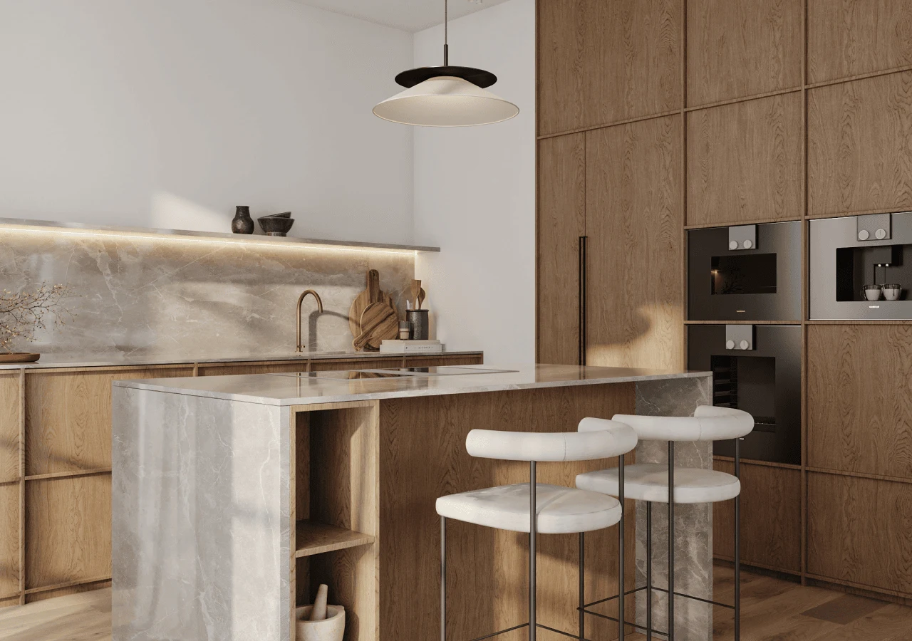 Japandi Kitchen Design with a central kitchen island and waterfall edge