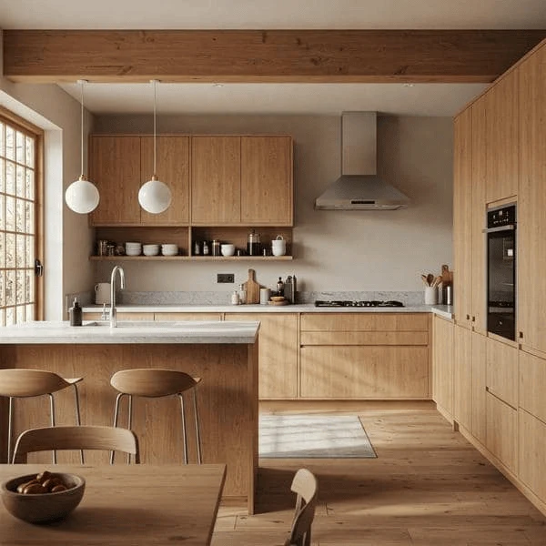 Japandi Kitchen Design with integrated storage solutions and hidden hood vents